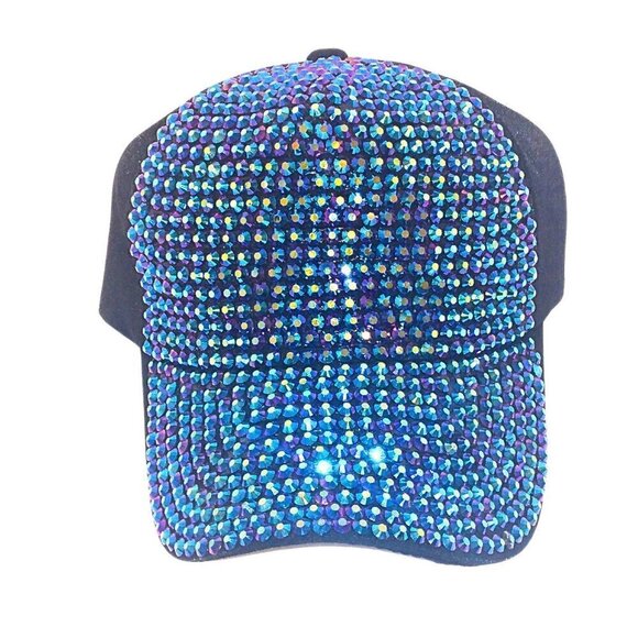 CRYSTAL EMBELLISHED BASEBALL CAP HAT W/ BLUE & PURPLE IRIDESCENT CRYSTALS - NWOT - Picture 1 of 5